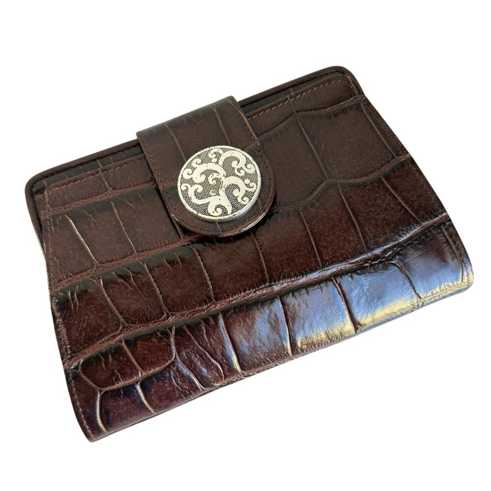 Brighton Croc Embossed Leather Organizer Crossbody Purse Brown